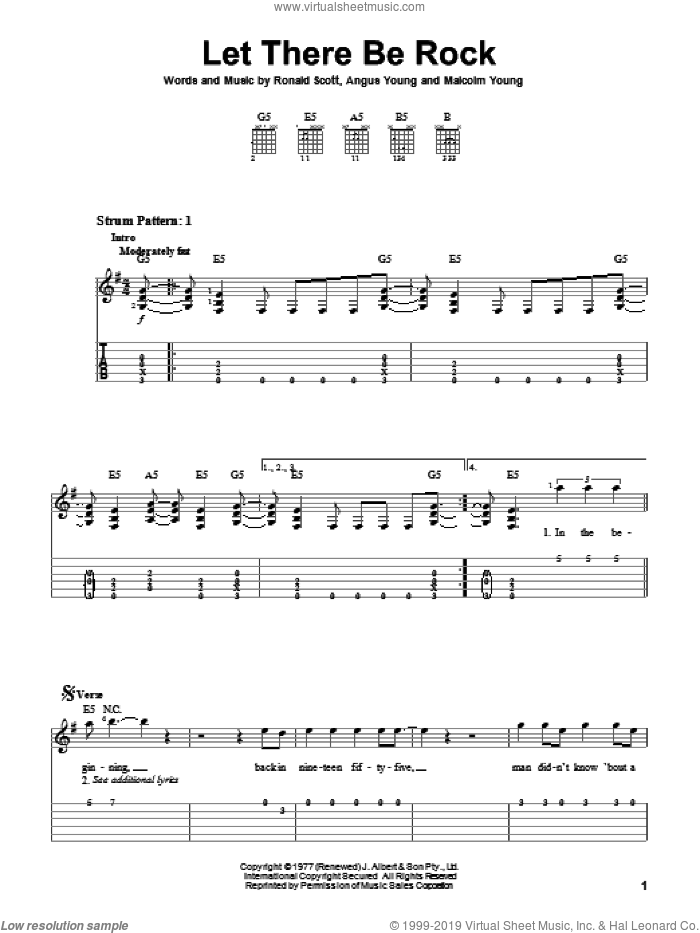 Let There Be Rock sheet music for guitar solo (easy tablature) by AC/DC, Angus Young, Malcolm Young and Ronnie Scott, easy guitar (easy tablature)