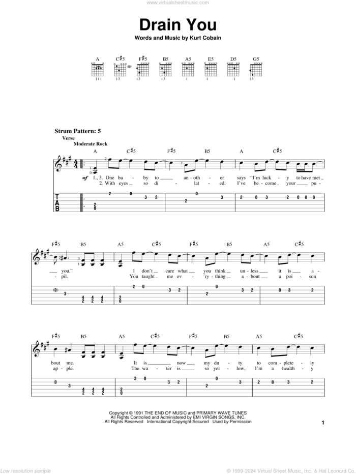 Drain You sheet music for guitar solo (easy tablature) by Nirvana and Kurt Cobain, easy guitar (easy tablature)
