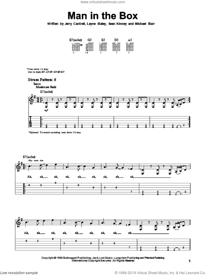 Man In The Box sheet music for guitar solo (easy tablature) by Alice In Chains, Jerry Cantrell, Layne Staley, Michael Starr and Sean Kinney, easy guitar (easy tablature)