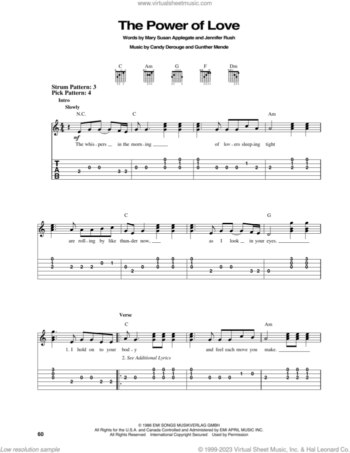 The Power Of Love sheet music for guitar solo (easy tablature) by Celine Dion, Air Supply, Candy Derouge, Gunther Mende, Jennifer Rush and Mary Susan Applegate, easy guitar (easy tablature)