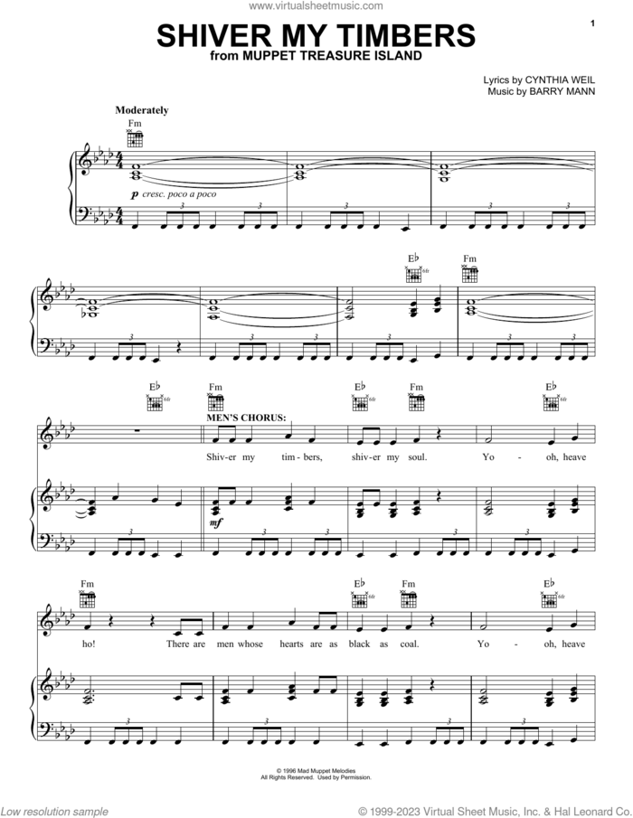 Shiver My Timbers (from Muppet Treasure Island) sheet music for voice, piano or guitar by Barry Mann and Cynthia Weil, intermediate skill level