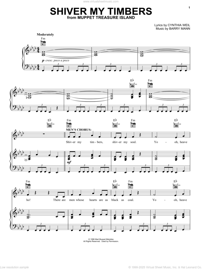 Shiver My Timbers (from Muppet Treasure Island) sheet music for voice, piano or guitar by Barry Mann and Cynthia Weil, intermediate skill level