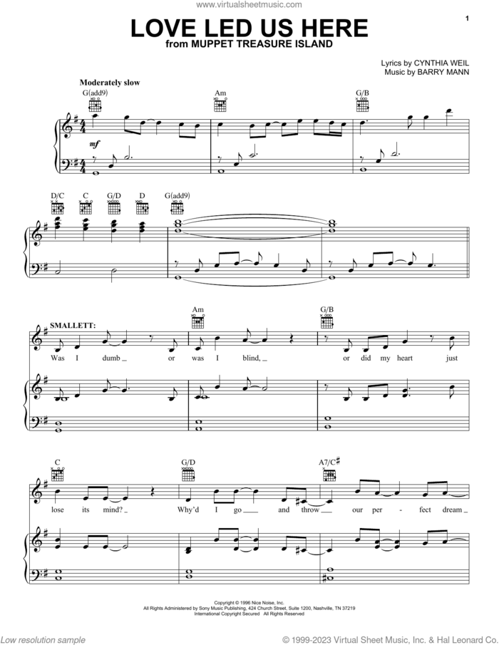 Love Led Us Here (from Muppet Treasure Island) sheet music for voice, piano or guitar by Barry Mann and Cynthia Weil, intermediate skill level