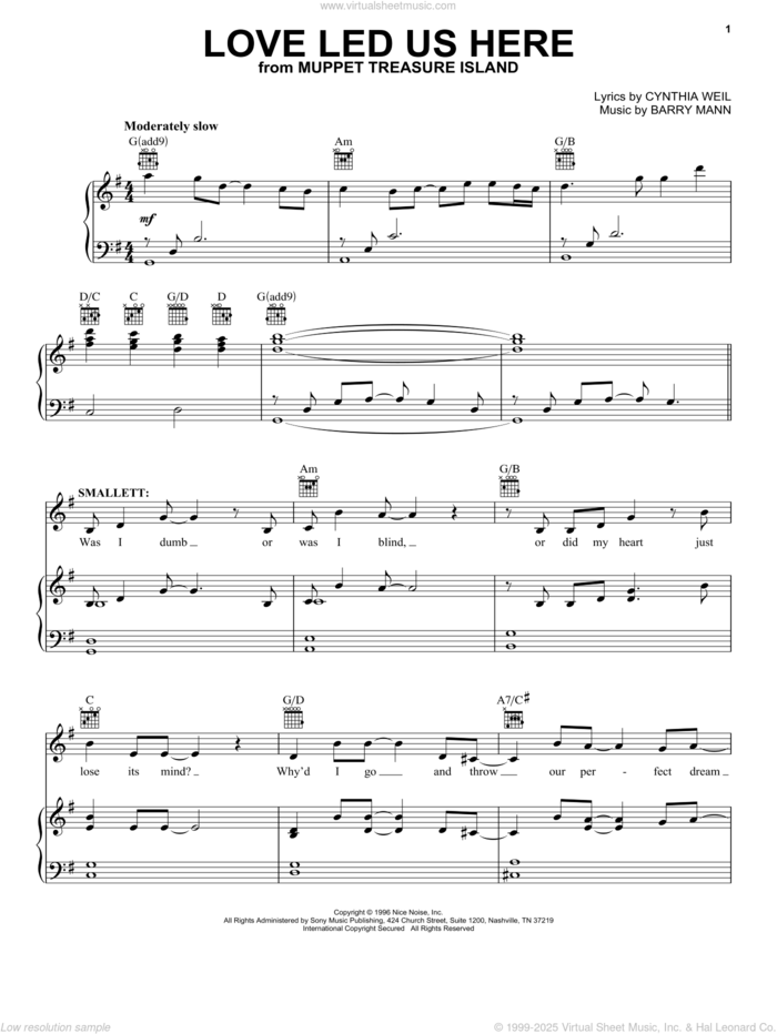 Love Led Us Here (from Muppet Treasure Island) sheet music for voice, piano or guitar by Barry Mann and Cynthia Weil, intermediate skill level