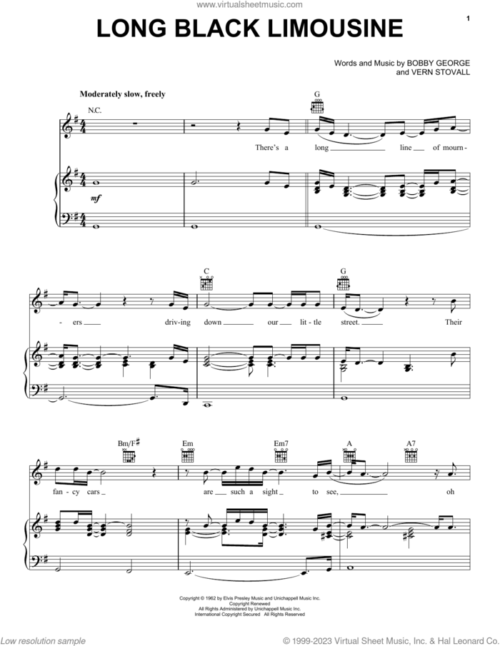 Long Black Limousine sheet music for voice, piano or guitar by Elvis Presley, Bobby George and Vern Stovall, intermediate skill level