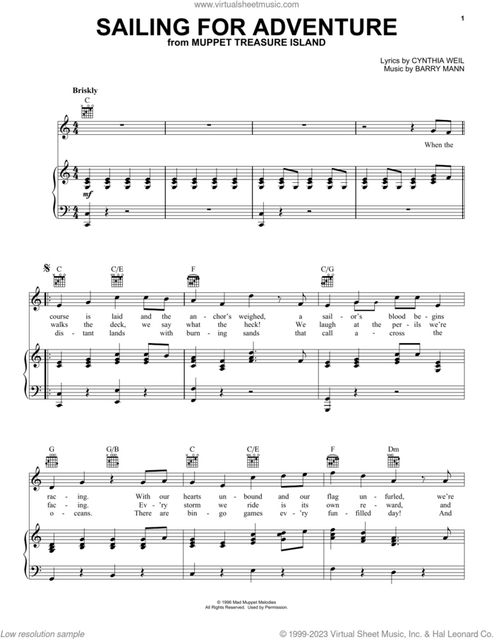 Sailing For Adventure (from Muppet Treasure Island) sheet music for voice, piano or guitar by Barry Mann and Cynthia Weil, intermediate skill level