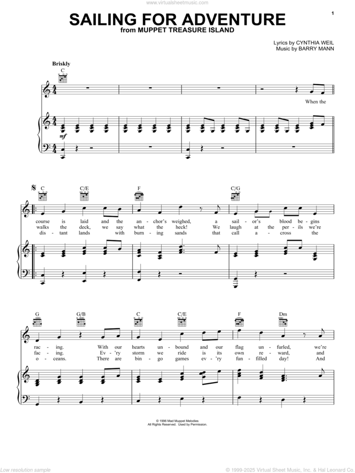 Sailing For Adventure (from Muppet Treasure Island) sheet music for voice, piano or guitar by Barry Mann and Cynthia Weil, intermediate skill level