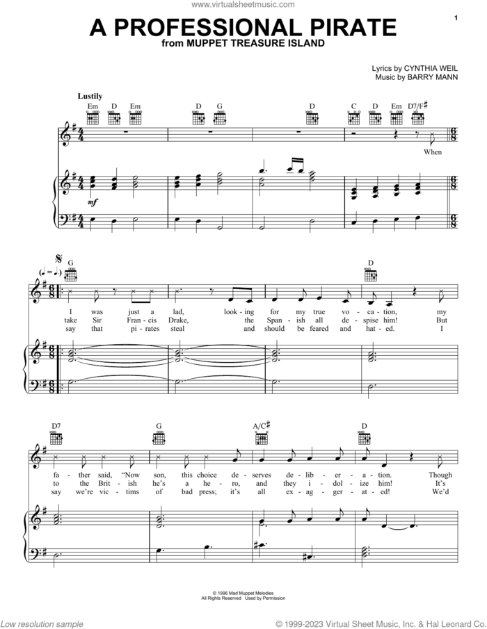A Professional Pirate (from Muppet Treasure Island) sheet music for voice, piano or guitar by Barry Mann and Cynthia Weil, intermediate skill level