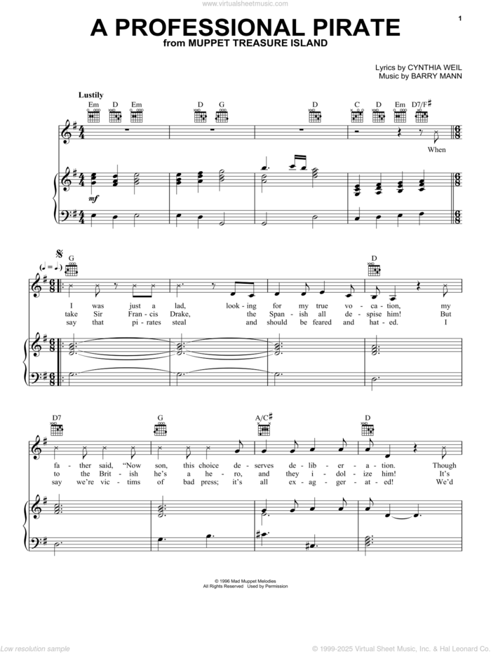 A Professional Pirate (from Muppet Treasure Island) sheet music for voice, piano or guitar by Barry Mann and Cynthia Weil, intermediate skill level