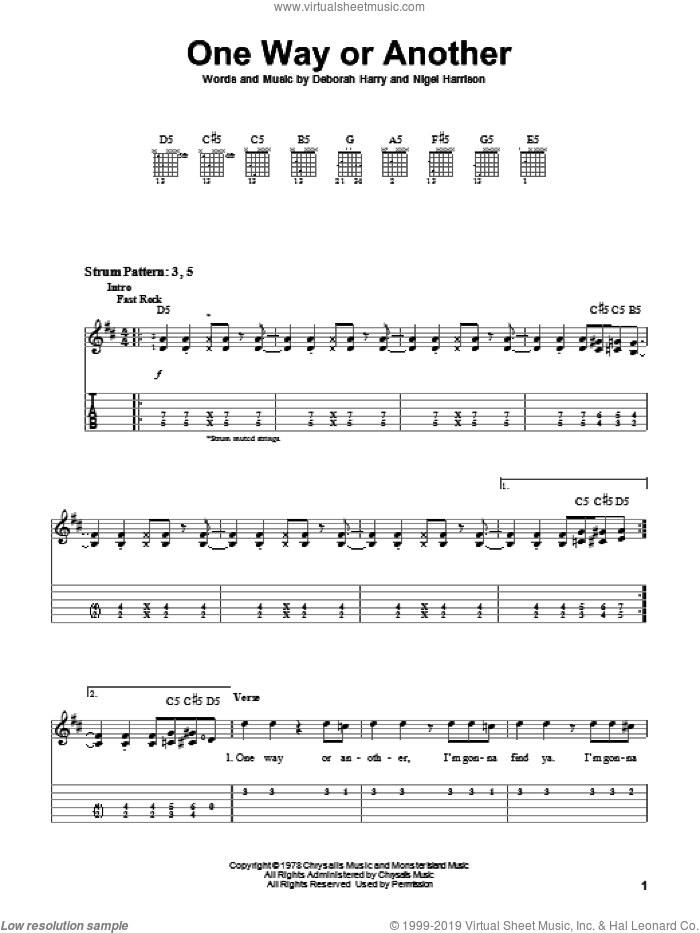 One Way Or Another sheet music for guitar solo (easy tablature) by Blondie, Deborah Harry and Nigel Harrison, easy guitar (easy tablature)