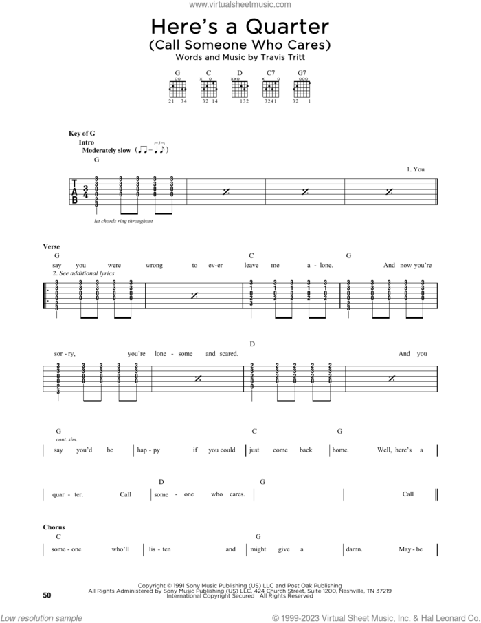 Here's A Quarter (Call Someone Who Cares) sheet music for guitar solo by Travis Tritt, intermediate skill level