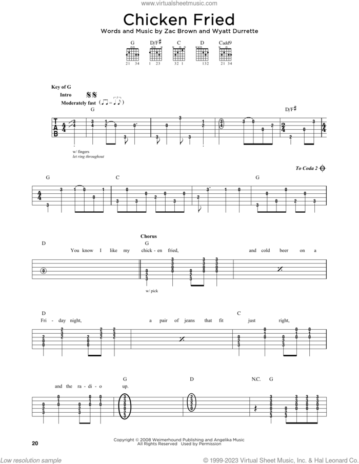 Chicken Fried sheet music for guitar solo by Zac Brown Band, Wyatt Durrette and Zac Brown, intermediate skill level