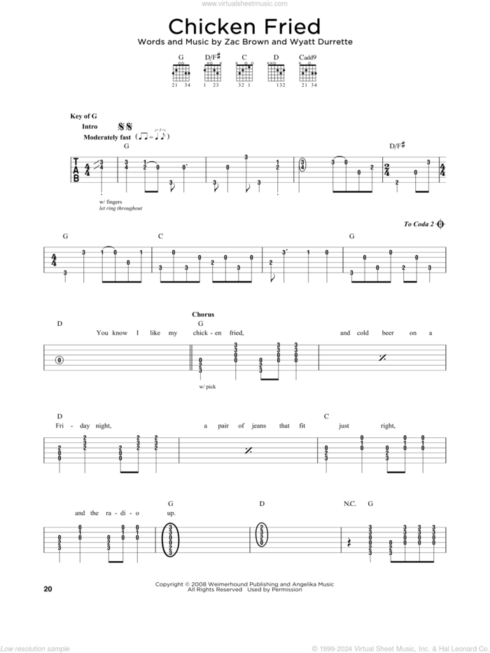 Chicken Fried sheet music for guitar solo by Zac Brown Band, Wyatt Durrette and Zac Brown, intermediate skill level