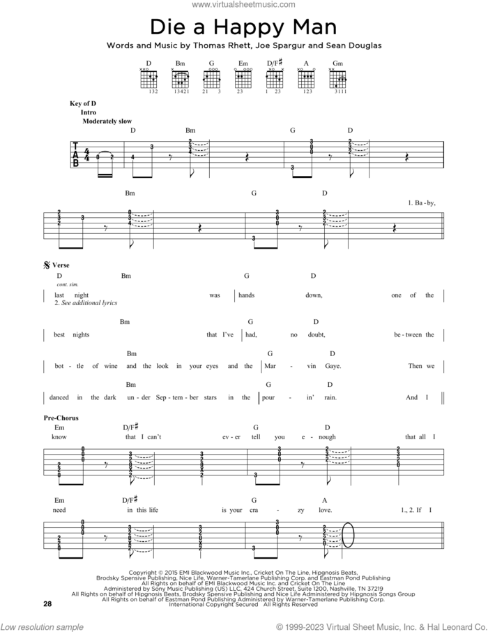 Die A Happy Man sheet music for guitar solo by Thomas Rhett, Joe Spargur and Sean Douglas, intermediate skill level