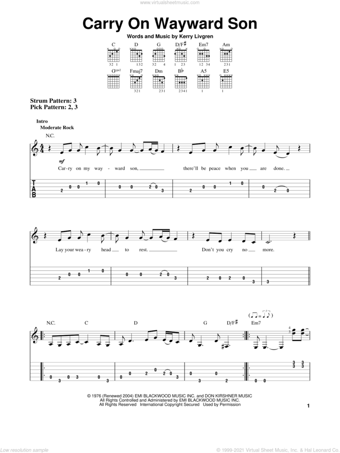Carry On Wayward Son sheet music for guitar solo (easy tablature) by Kansas and Kerry Livgren, easy guitar (easy tablature)