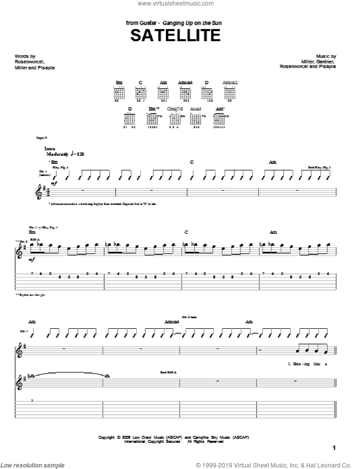 Satellite sheet music for guitar (tablature) by Guster, Gardner, Pisapia and Rosenworcel, intermediate skill level
