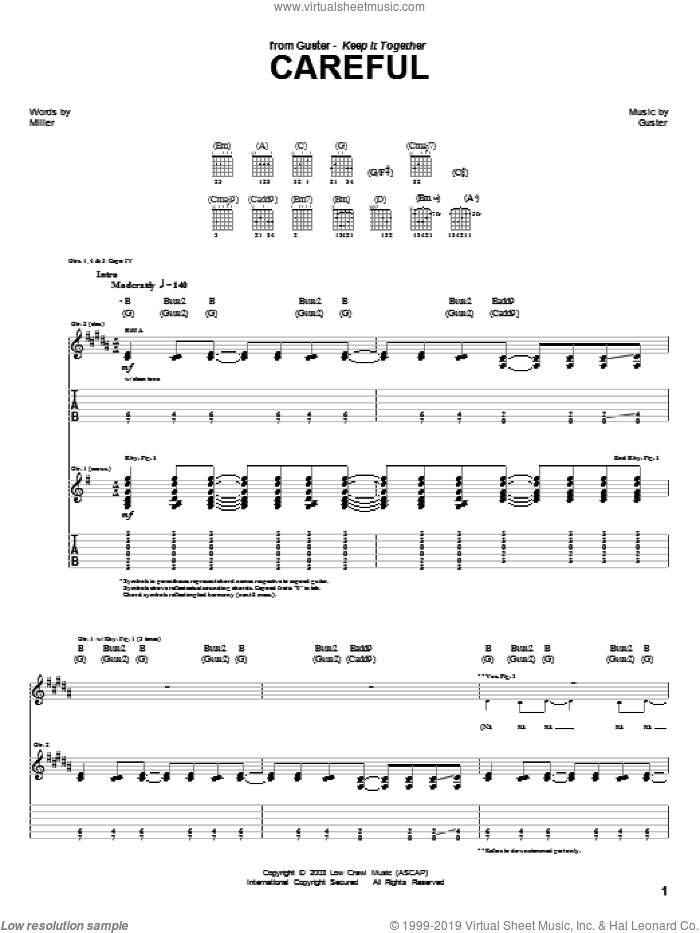Careful sheet music for guitar (tablature) by Guster, intermediate skill level