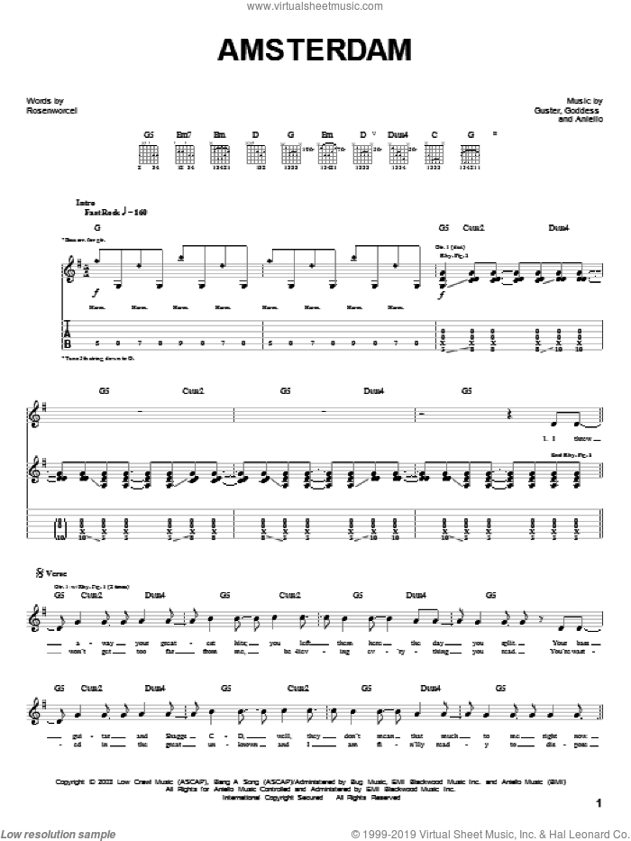 Amsterdam sheet music for guitar (tablature) by Guster, Aniello, Goddess and Rosenworcel, intermediate skill level