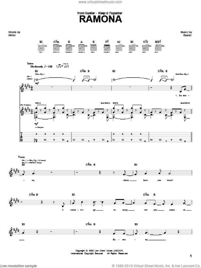 Ramona sheet music for guitar (tablature) by Guster, intermediate skill level