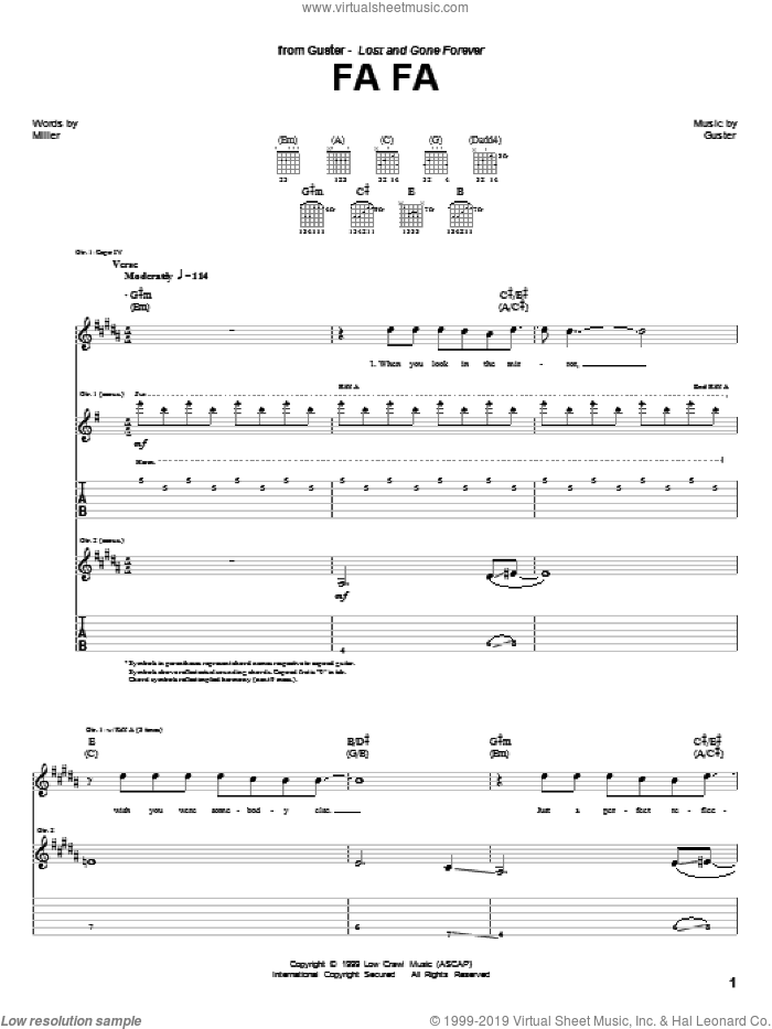 Fa Fa sheet music for guitar (tablature) by Guster, intermediate skill level