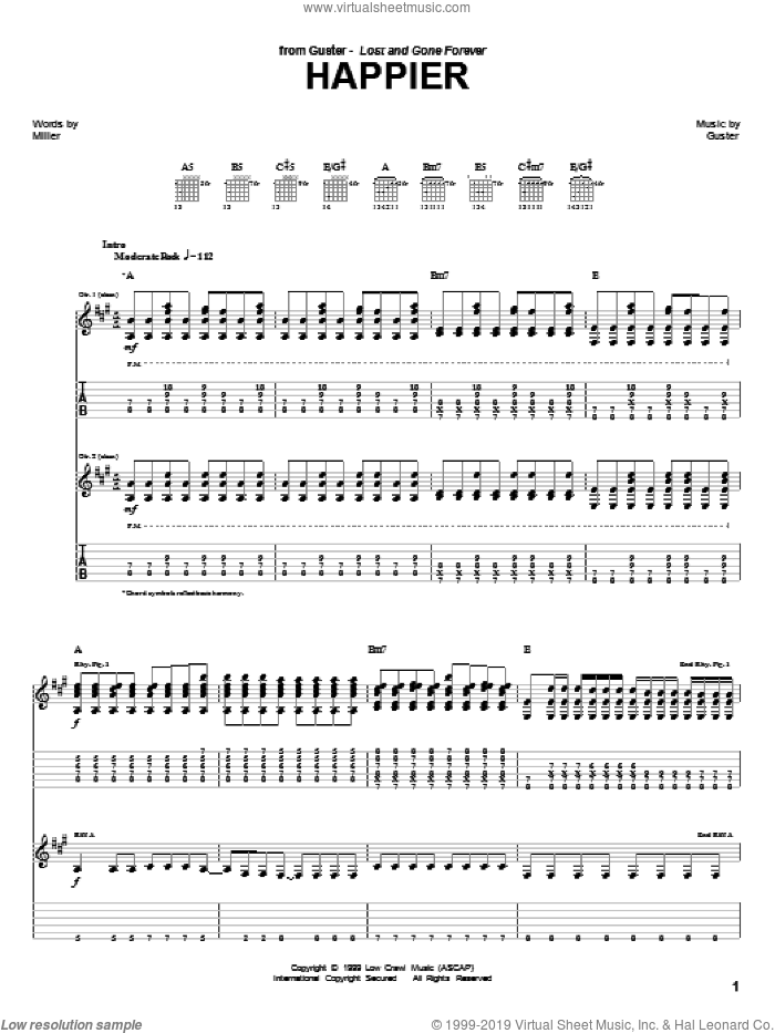 Happier sheet music for guitar (tablature) by Guster, intermediate skill level