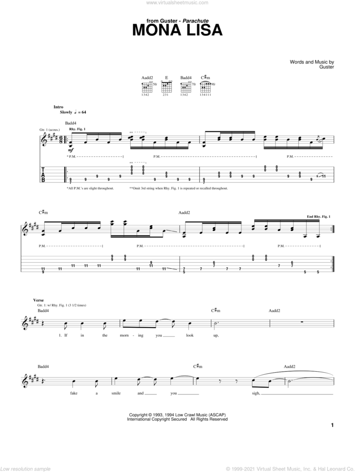 Mona Lisa sheet music for guitar (tablature) by Guster, intermediate skill level