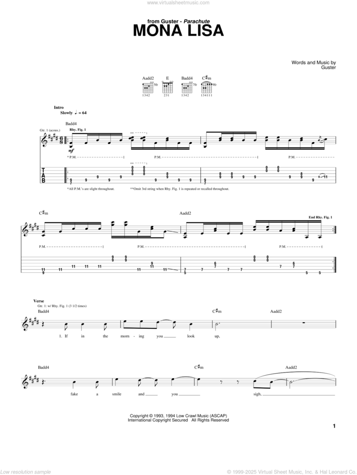 Mona Lisa sheet music for guitar (tablature) by Guster, intermediate skill level