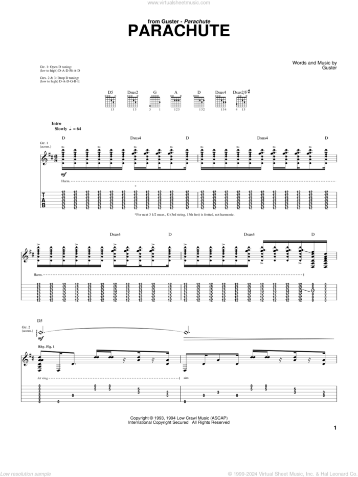 Parachute sheet music for guitar (tablature) by Guster, intermediate skill level