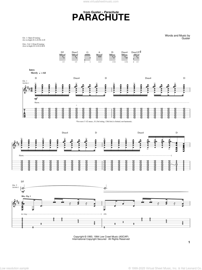 Parachute sheet music for guitar (tablature) by Guster, intermediate skill level