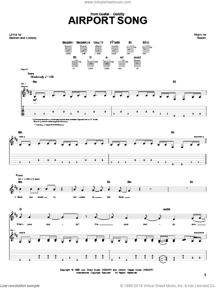 Airport Song sheet music for guitar (tablature) by Guster, Gardner and Lindsey, intermediate skill level