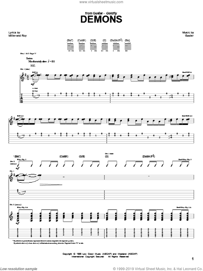 Demons sheet music for guitar (tablature) by Guster and Roy, intermediate skill level
