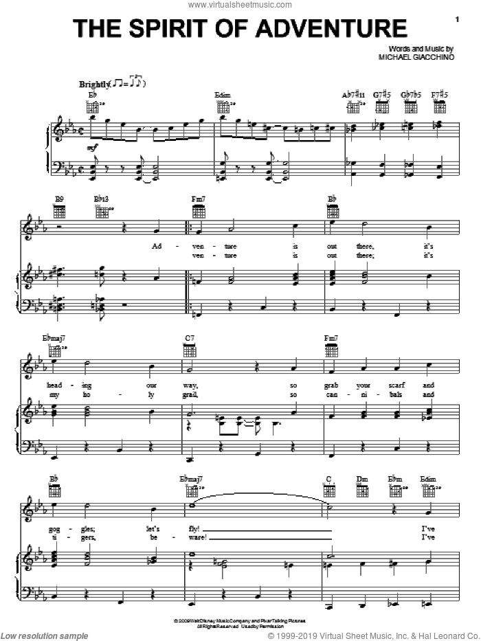 The Spirit Of Adventure sheet music for voice, piano or guitar by Michael Giacchino and Up (Movie), intermediate skill level