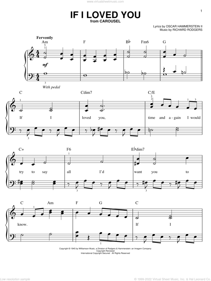 If I Loved You, (beginner) sheet music for piano solo by Rodgers & Hammerstein, Carousel (Musical), Oscar II Hammerstein and Richard Rodgers, beginner skill level