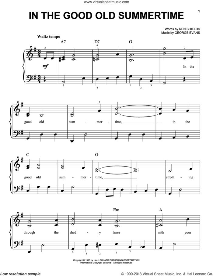 In The Good Old Summertime sheet music for piano solo by Ren Shields and George Evans, easy skill level