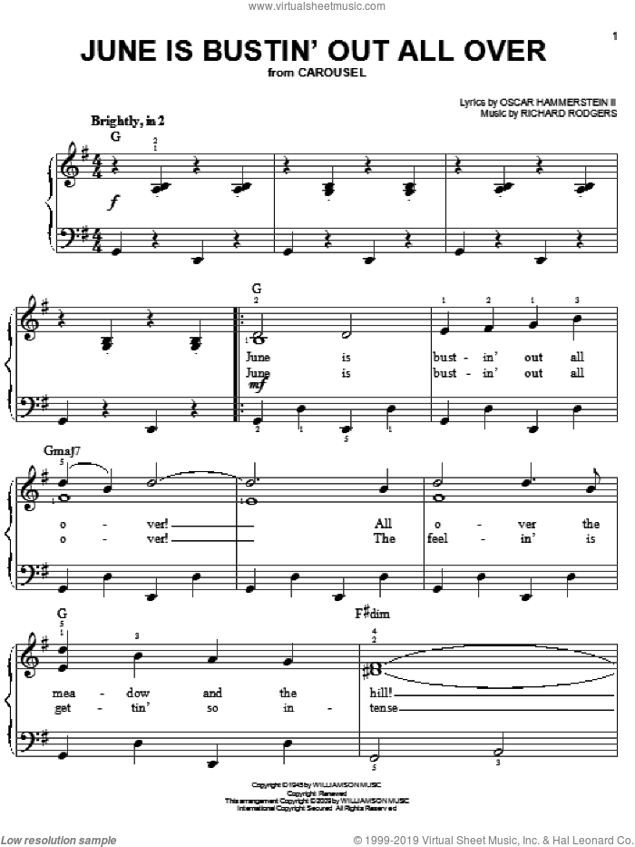 June Is Bustin' Out All Over sheet music for piano solo by Rodgers & Hammerstein, Carousel (Musical), Oscar II Hammerstein and Richard Rodgers, easy skill level