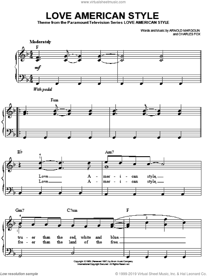 Love American Style sheet music for piano solo by Arnold Margolin and Charles Fox, easy skill level
