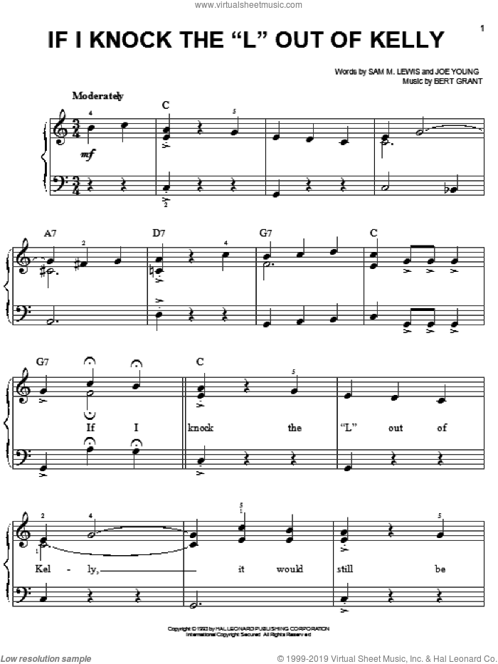 If I Knock The 'L' Out Of Kelly sheet music for piano solo by Sam Lewis, Bert Grant and Joe Young, easy skill level