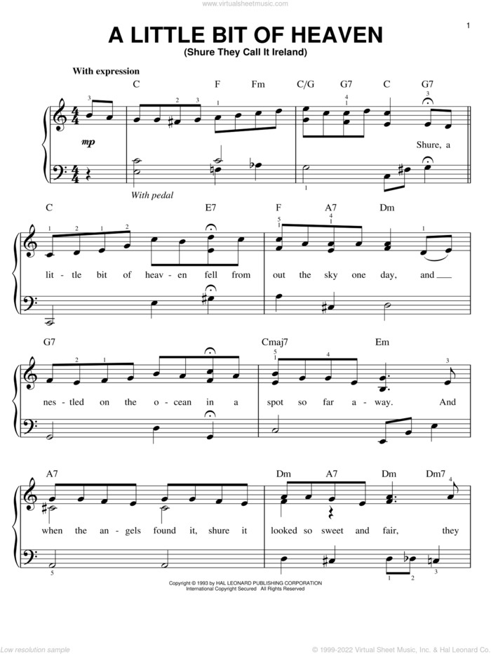 A Little Bit Of Heaven sheet music for piano solo by J. Keirn Brenan and Ernest R. Ball, easy skill level