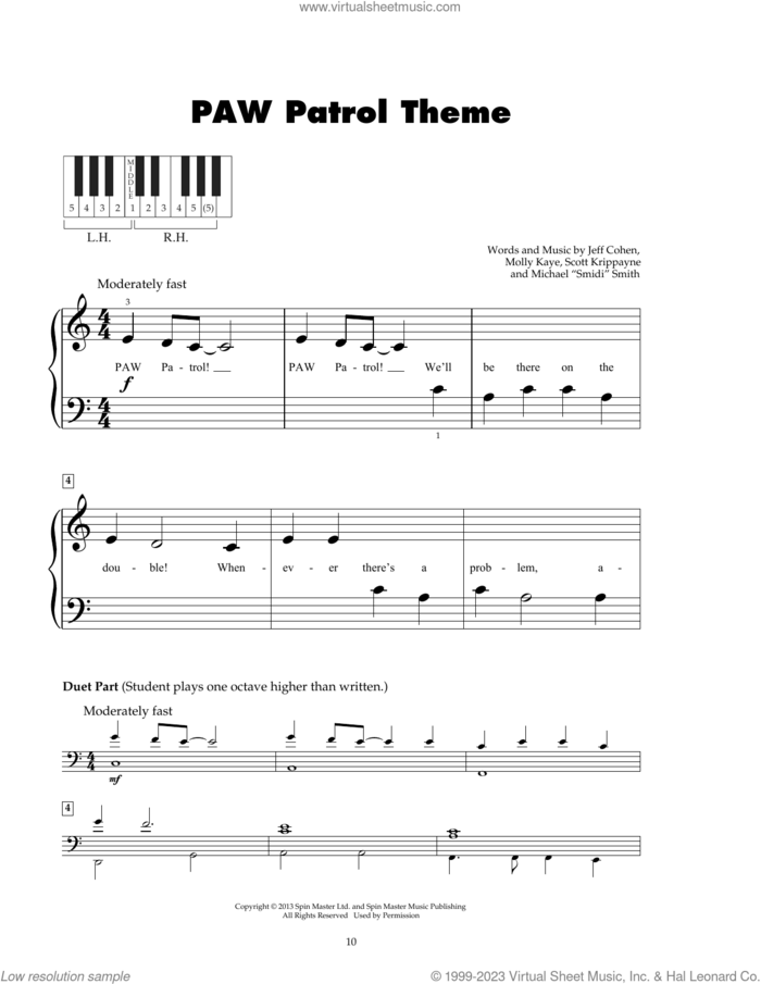 PAW Patrol Theme sheet music for piano solo (5-fingers) by Scott Krippayne, Jeff Cohen, Michael 'Smidi' Smith and Molly Kaye, beginner piano (5-fingers)