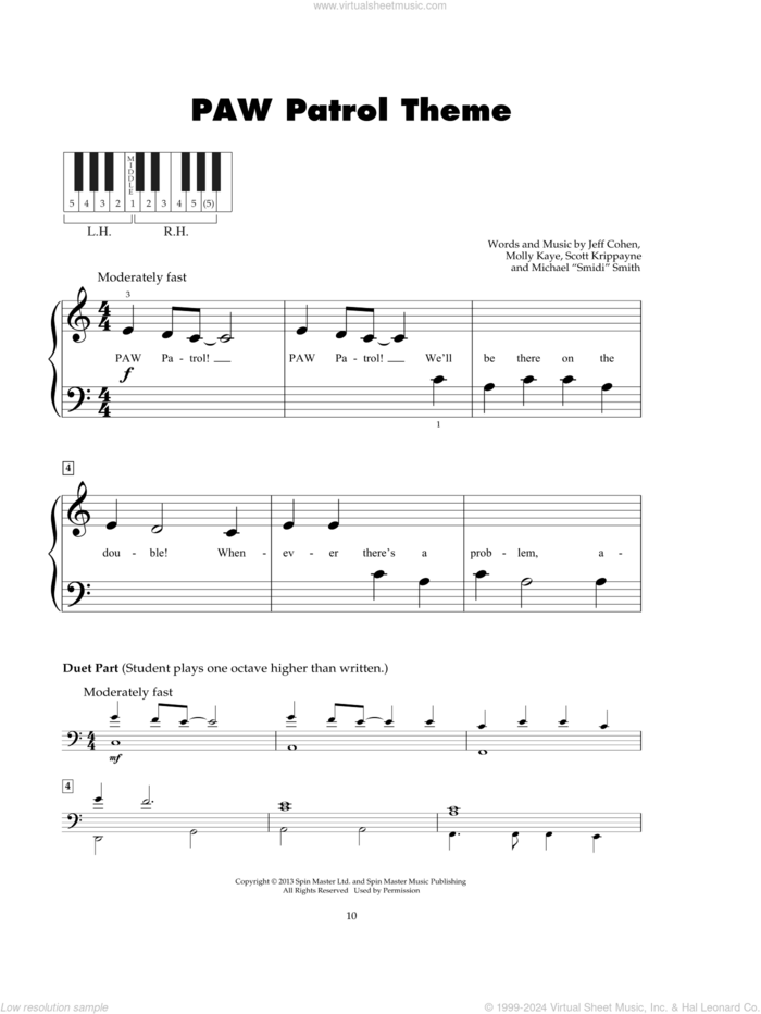 PAW Patrol Theme sheet music for piano solo (5-fingers) by Scott Krippayne, Jeff Cohen, Michael 'Smidi' Smith and Molly Kaye, beginner piano (5-fingers)