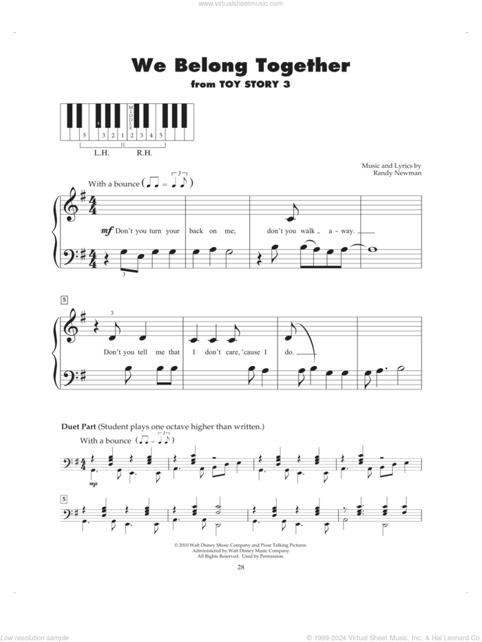 We Belong Together (from Toy Story 3) sheet music for piano solo (5-fingers) by Randy Newman, beginner piano (5-fingers)