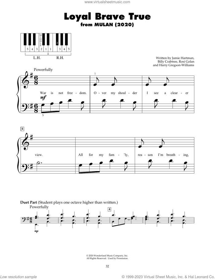 Loyal Brave True (from Mulan) sheet music for piano solo (5-fingers) by Christina Aguilera, Billy Crabtree, Harry Gregson-Williams, Jamie Hartman and Rosi Golan, beginner piano (5-fingers)
