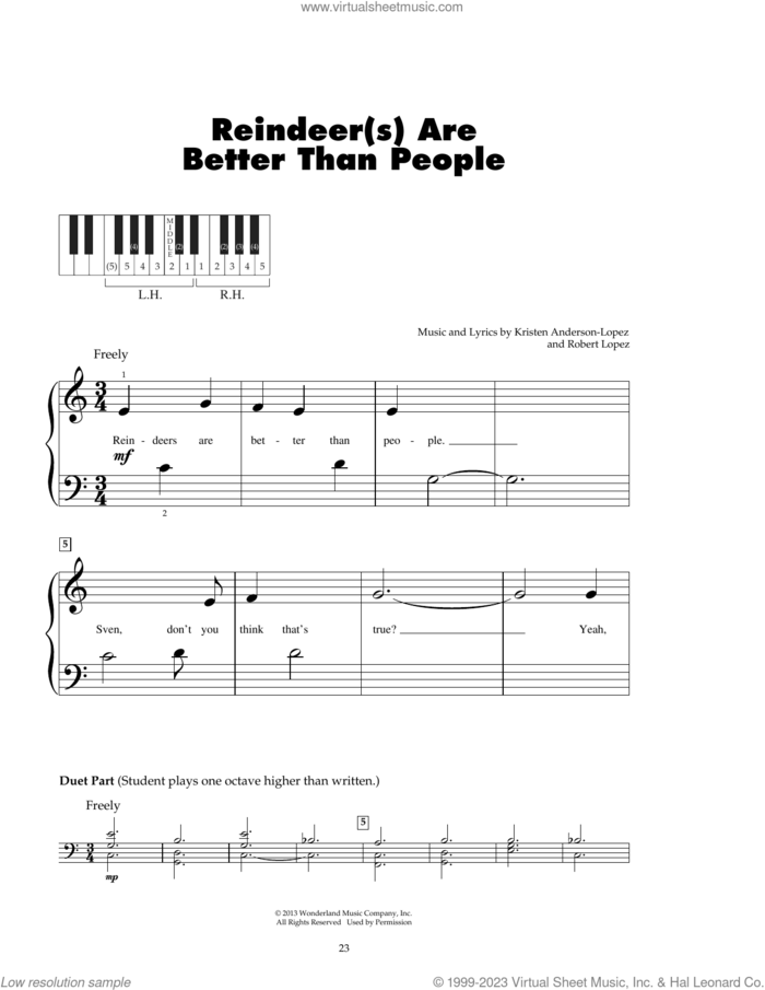 Reindeer(s) Are Better Than People (from Disney's Frozen) sheet music for piano solo (5-fingers) by Jonathan Groff, Kristen Anderson-Lopez and Robert Lopez, beginner piano (5-fingers)