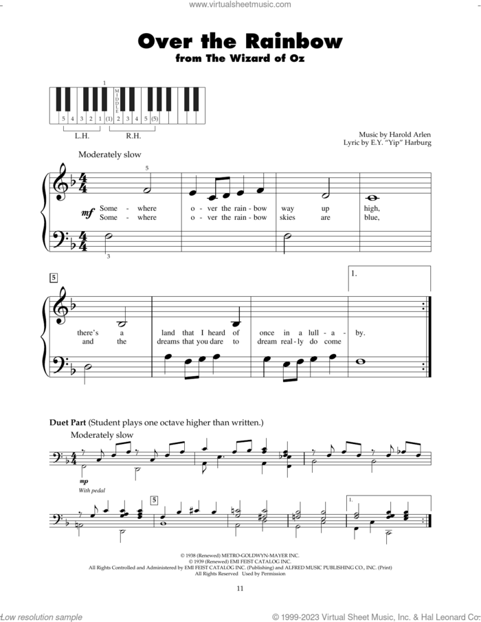 Over The Rainbow (from The Wizard Of Oz) sheet music for piano solo (5-fingers) by Judy Garland, E.Y. Harburg and Harold Arlen, beginner piano (5-fingers)