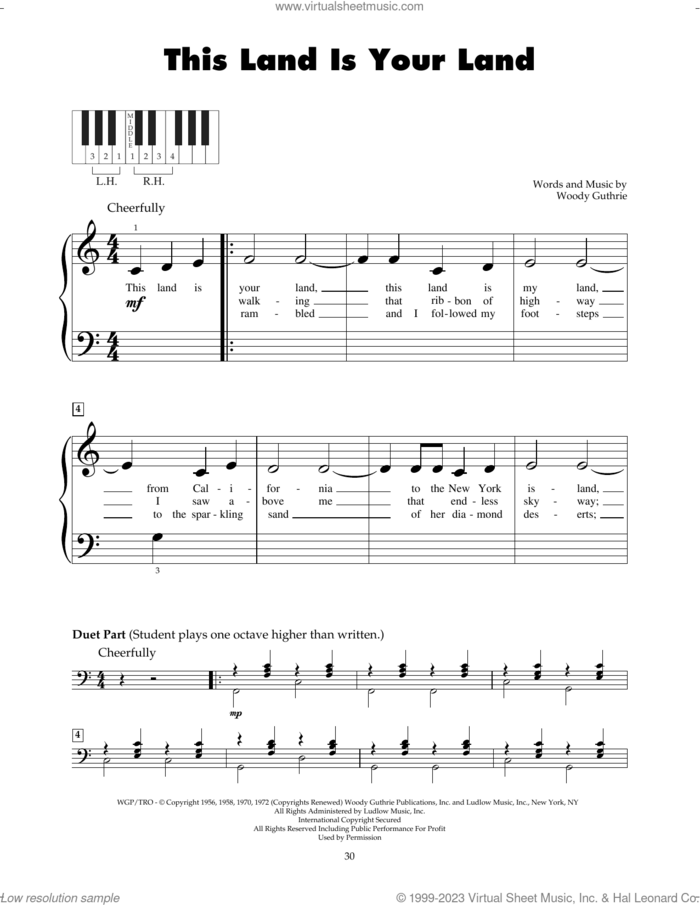 This Land Is Your Land sheet music for piano solo (5-fingers) by Woody Guthrie, New Christy Minstrels, Peter, Paul & Mary and Woody & Arlo Guthrie, beginner piano (5-fingers)