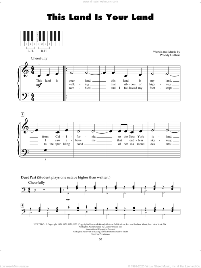This Land Is Your Land sheet music for piano solo (5-fingers) by Woody Guthrie, New Christy Minstrels, Peter, Paul & Mary and Woody & Arlo Guthrie, beginner piano (5-fingers)
