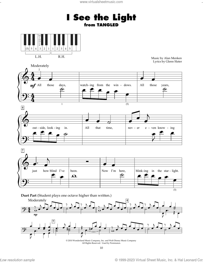 I See The Light (from Tangled) sheet music for piano solo (5-fingers) by Alan Menken and Glenn Slater, beginner piano (5-fingers)
