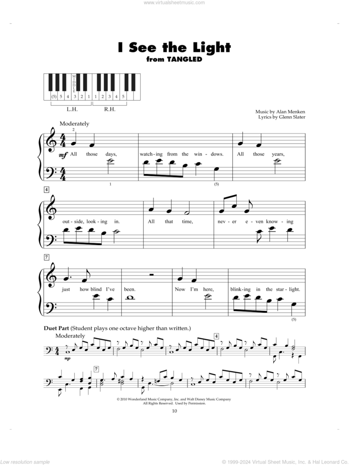 I See The Light (from Tangled) sheet music for piano solo (5-fingers) by Alan Menken and Glenn Slater, beginner piano (5-fingers)