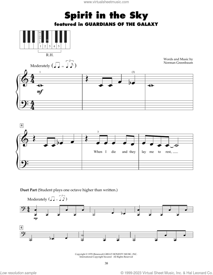 Spirit In The Sky sheet music for piano solo (5-fingers) by Norman Greenbaum and dc Talk, beginner piano (5-fingers)