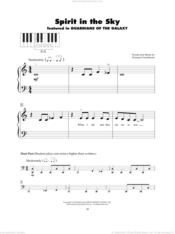 Spirit In The Sky sheet music for piano solo (5-fingers) by Norman Greenbaum and dc Talk, beginner piano (5-fingers)